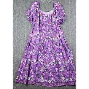 Bloomchic Floral Midi Dress Women Size 18-20 Purple Puff Sleeve Pockets Boho